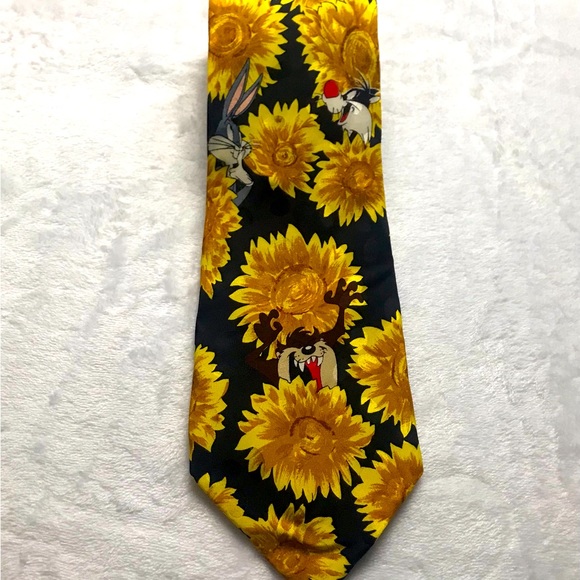 Looney Tunes Mania Tie Taz Bugs Daffy Sylvester Sunflowers Silk 1994 VTG - Picture 1 of 11